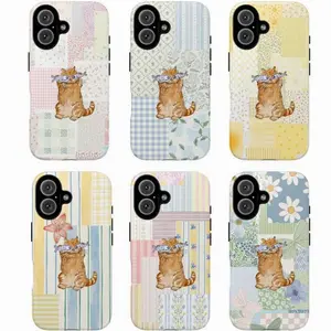 Cute Orange Cat Phone Case with Fish – collage Pastel Pattern Protective Cover, Gift for her, Suitable for iPhone 17-11 Pro Max/Plus
