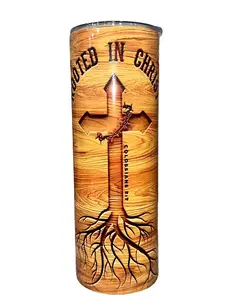 Rooted In Christ - Carved Wood Grain - 20oz oz 20 oz. 20oz. - Skinny Straight Sublimation Tumbler - Amy's Tumbler Junkies, Your Favorite Tumbler Shop!