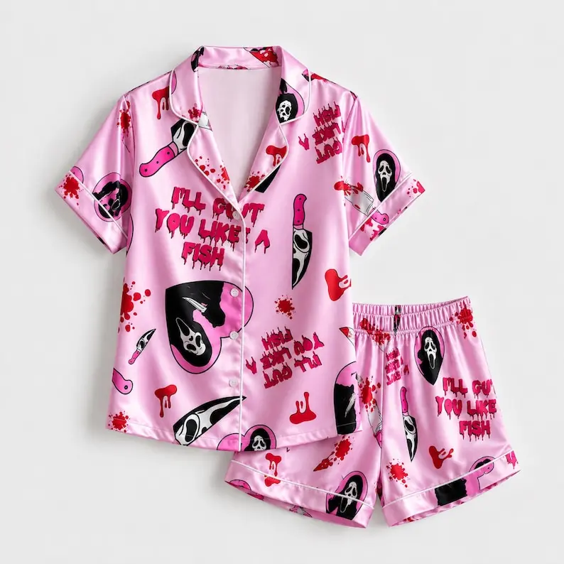 Ghostface Pink Satin Pajama Set for Women, Horror Movie Sleepwear, Cute Spooky Button Down Pajamas, Halloween Matching PJ Set