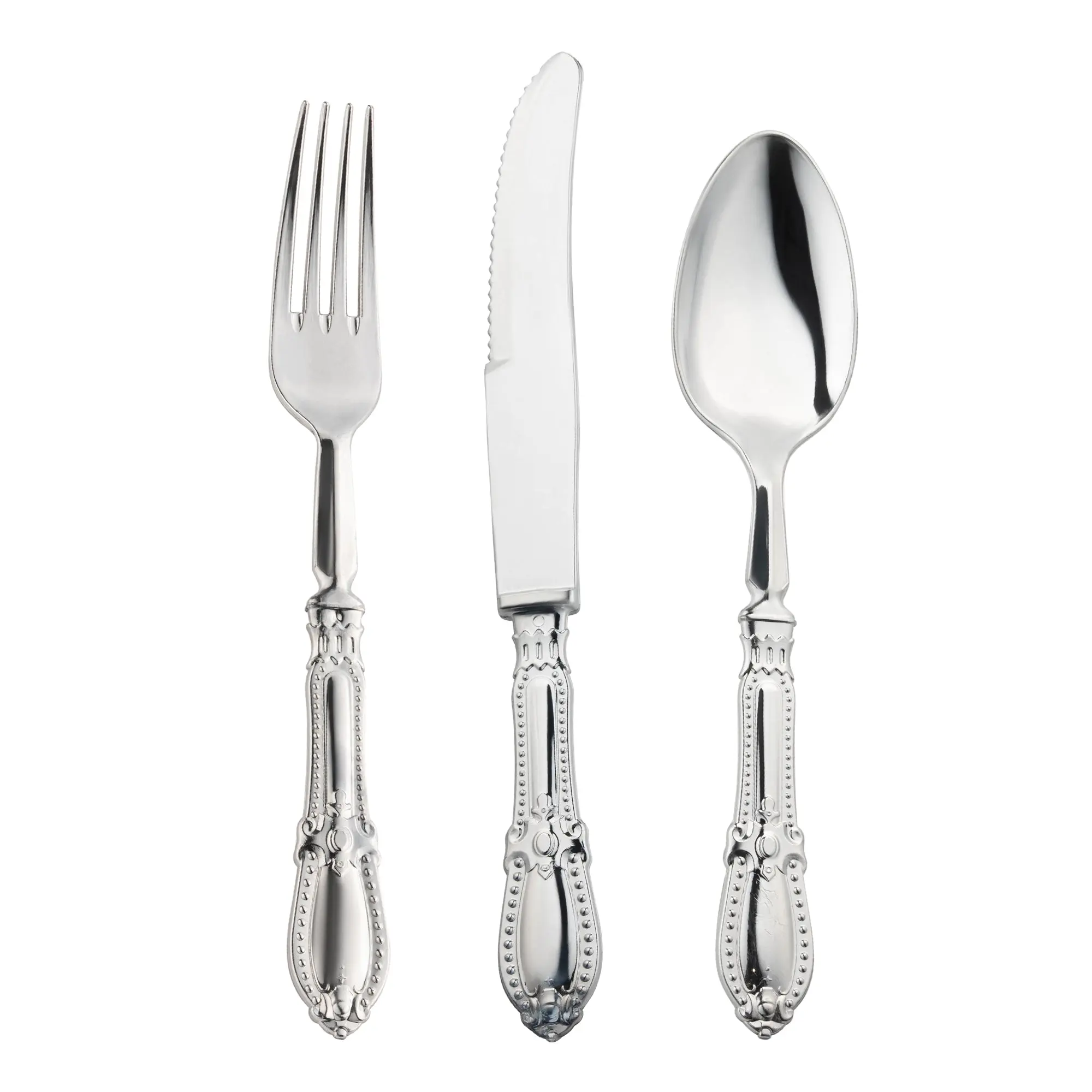 Silver Baroque Disposable Plastic Cutlery Set - 10 Spoons, 10 Forks and 10 Knives
