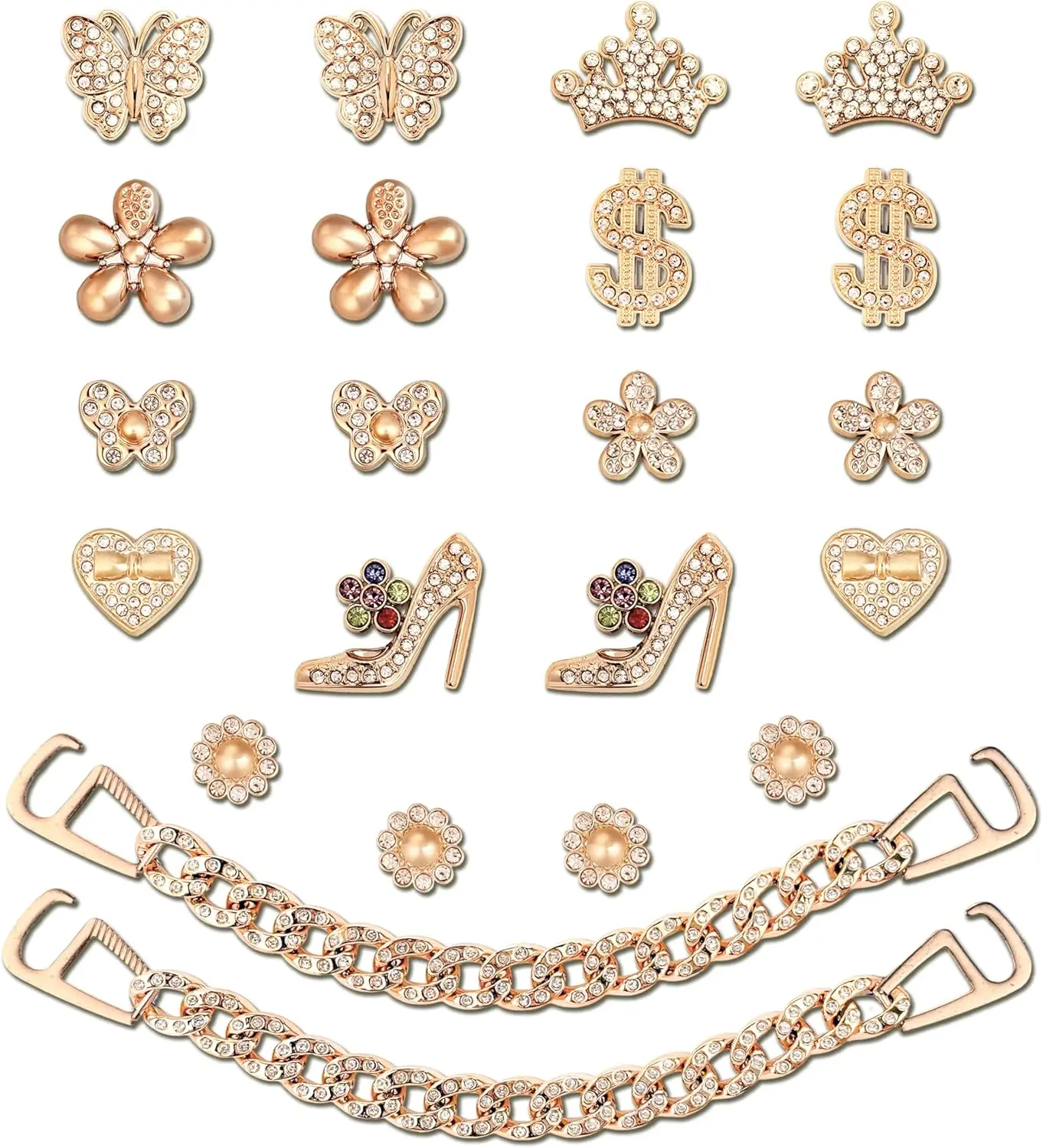 Women’s 22-Piece Bling Croc Charms Decorative Rhinestone Bedazzling Kit - Gold Chain-Link Charms, Shoe Accessories for Clogs & Sandals, Gift-Ready Mothers Day or Birthday Party Gift