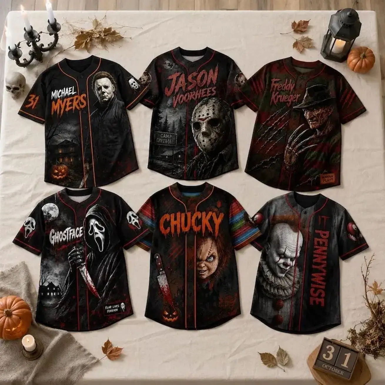 Horror Slasher Baseball Jersey, Classic Horror Movie Characters Shirt, Spooky Squad Halloween Uniform, Halloween party costumes