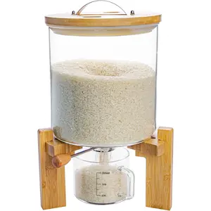 Rice Dispenser, Rice Storage Container, Flour and Cereal Container for Kitchen Organization and Pantry Store, Glass Cereal dispenser with Airtight Lid and Wooden Stand 5L