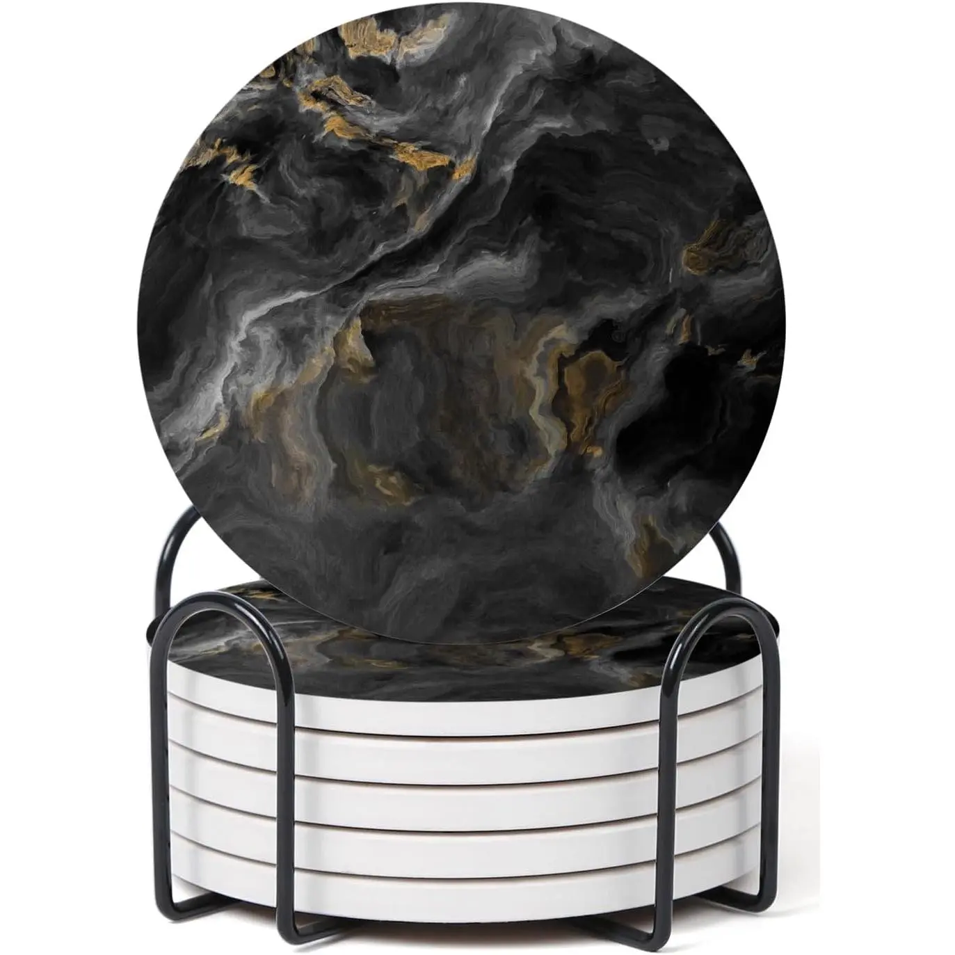 Set of 6 Abstract Black Marble Coasters with Holder, Absorbent Ceramic Coasters for Drinks, Coasters with Cork Backing for Table Protection, Housewarming Gifts for