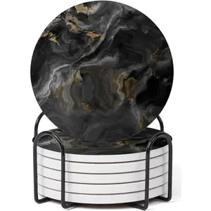 Set of 6 Abstract Black Marble Coasters with Holder, Absorbent Ceramic Coasters for Drinks, Coasters with Cork Backing for Table Protection, Housewarming Gifts for