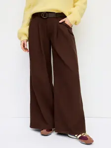 Cider Denim Low Rise Pleated Wide Leg Jeans With Belt