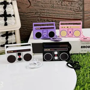 Nostalgic Plastic Radio Shape Mini Keychain Vintage Classical Bag Decor Funny Ornament with Stretchy Scrunchie Lanyard & Retractable Heart Black Pink Purple White 6.1*4.3*2.1cm LR44 Battery