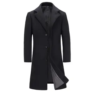 Mens Long Trench Coat - Single Breasted Wool Blend Pea Coat Warm Winter Overcoat with Pockets - For Men - Suitable for Cold Weather - Perfect Gift for Winter Holidays
