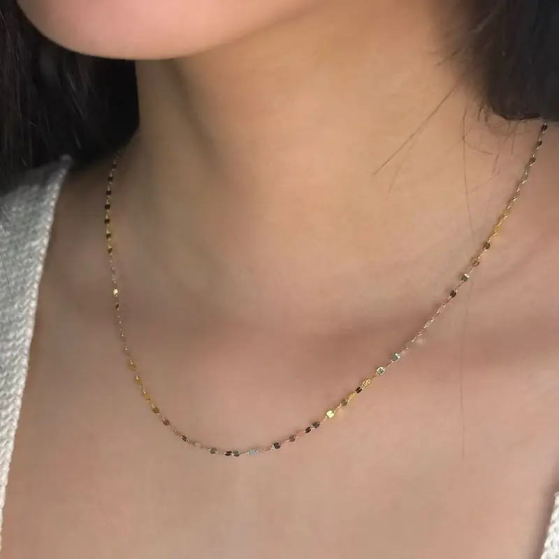Solid Tricolor 18K Gold Sparkly Mirror Chain Necklace, adjustable length (16”/18”)