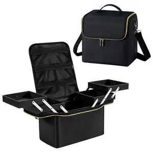 Joligrace Extra Large Makeup Case Professional Makeup Box 4 Trays Cosmetic Storage Handbag Travel Makeup Bag with Shoulder Strap and Luggage Sleeve