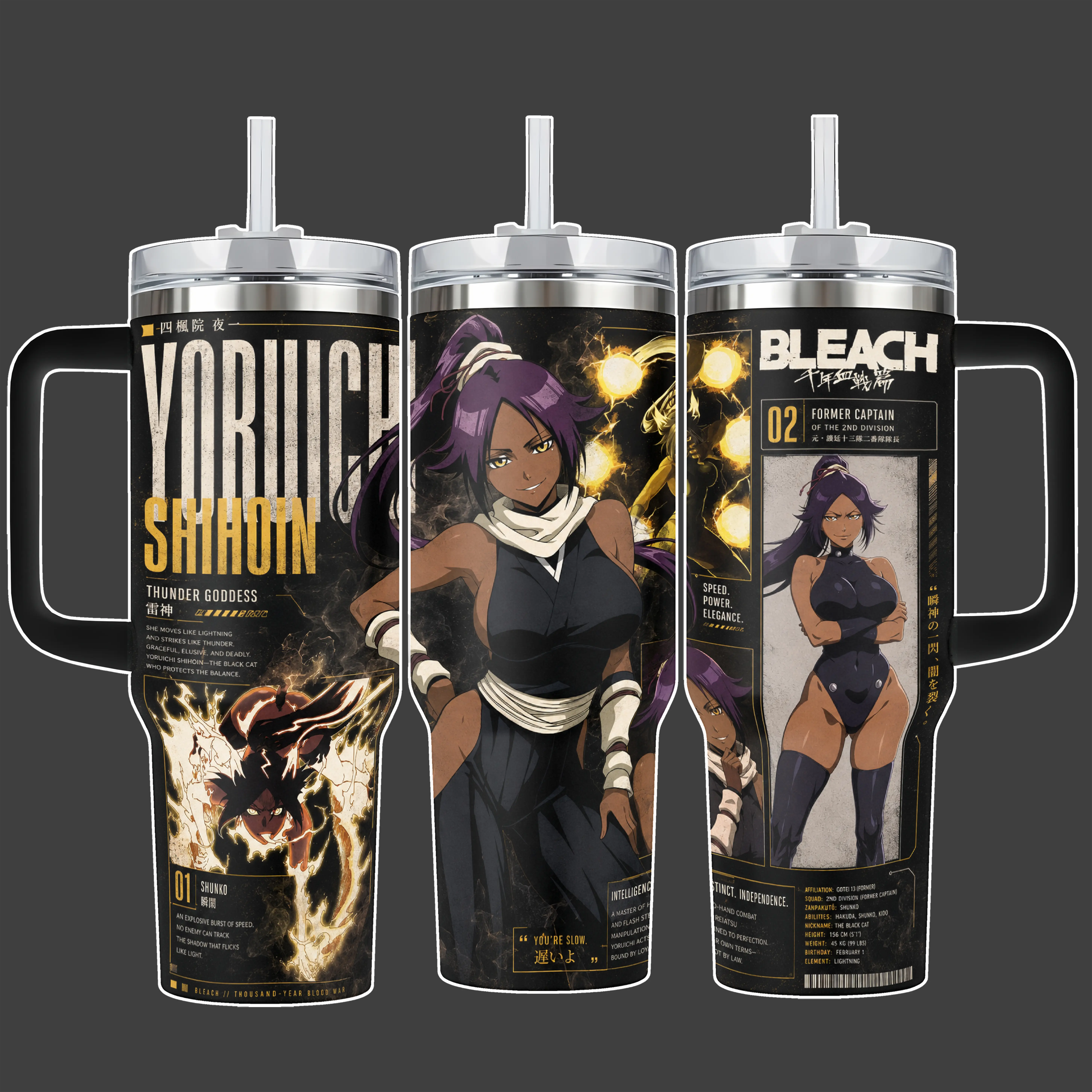 Bleach Yoruichi Shihouin Thunder Goddess Anime Tumbler Cup, Black Gold Character Profile Full Wrap Stainless Steel Insulated 20oz/40oz With Straw Lid Included, 40oz Handle Option