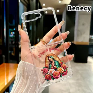 Guadalupe's Graceful Image Pattern Transparent Phone Case for Z Flip 7/6/5/4, Folding Design with Central Axis Protection and Full Lens Coverage