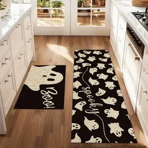 2Pcs Halloween Cute Ghost Boo! Floor Mat Set Farmhouse Kitchen Rug Dining Room Flooring Laundry Room Decor Carpet Mat, Kitchen Area Rug
