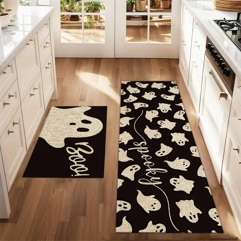 2Pcs Halloween Cute Ghost Boo! Floor Mat Set Farmhouse Kitchen Rug Dining Room Flooring Laundry Room Decor Carpet Mat, Kitchen Area Rug, Kitchen Floor Mats