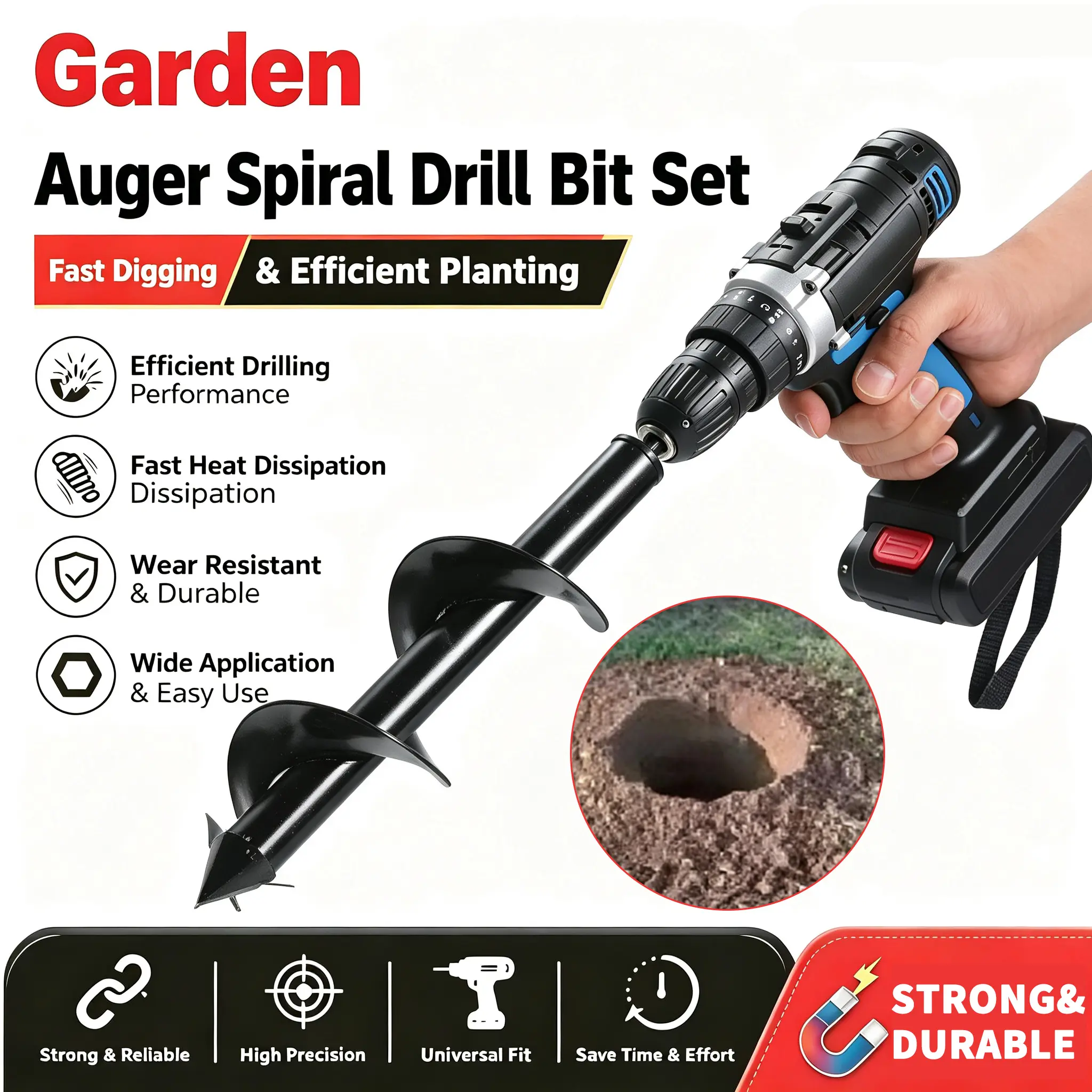 Heavy-Duty Garden Auger Drill Bit, 22cm/45cm Spiral Soil Digger for Electric & Most Cordless Drills, Planting Hole Tool for Flower Bulbs, Tree Planting