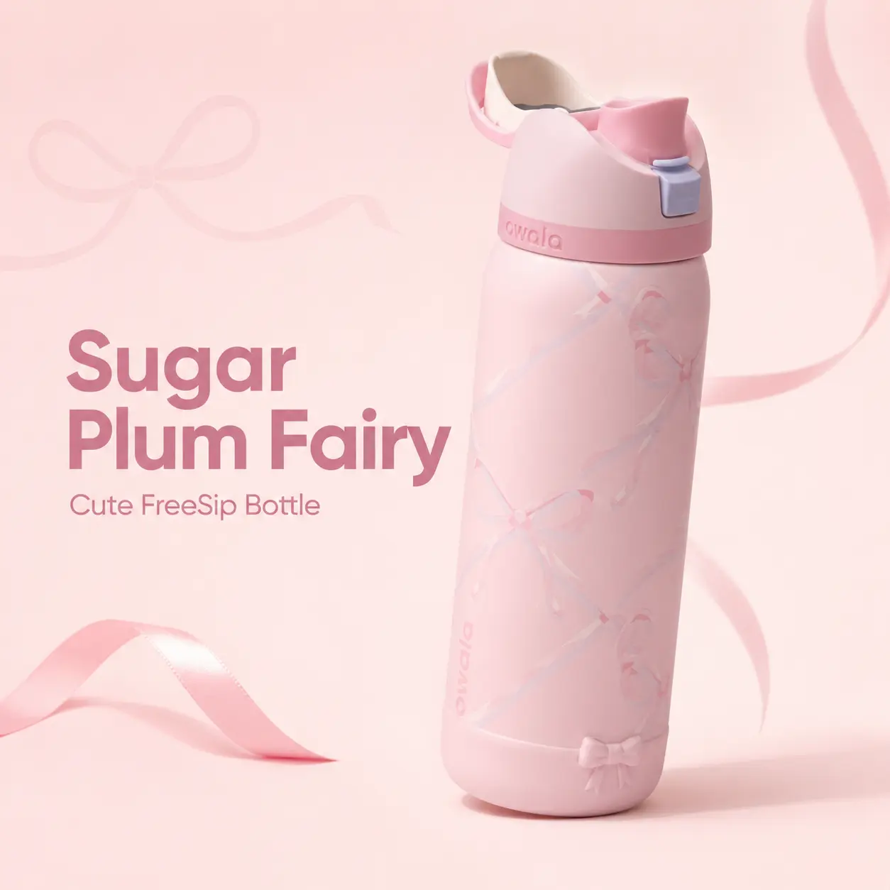 Owala FreeSip Sugar Plum Fairy 32 oz Water Bottle – Pastel Pink Bow Print Insulated Stainless Steel Bottle with Built-In Straw