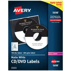 Avery Printable CD Labels, Matte White, Permanent Adhesive, Laser Printer Compatible, 100 Disc & 200 Spine Labels (5698)