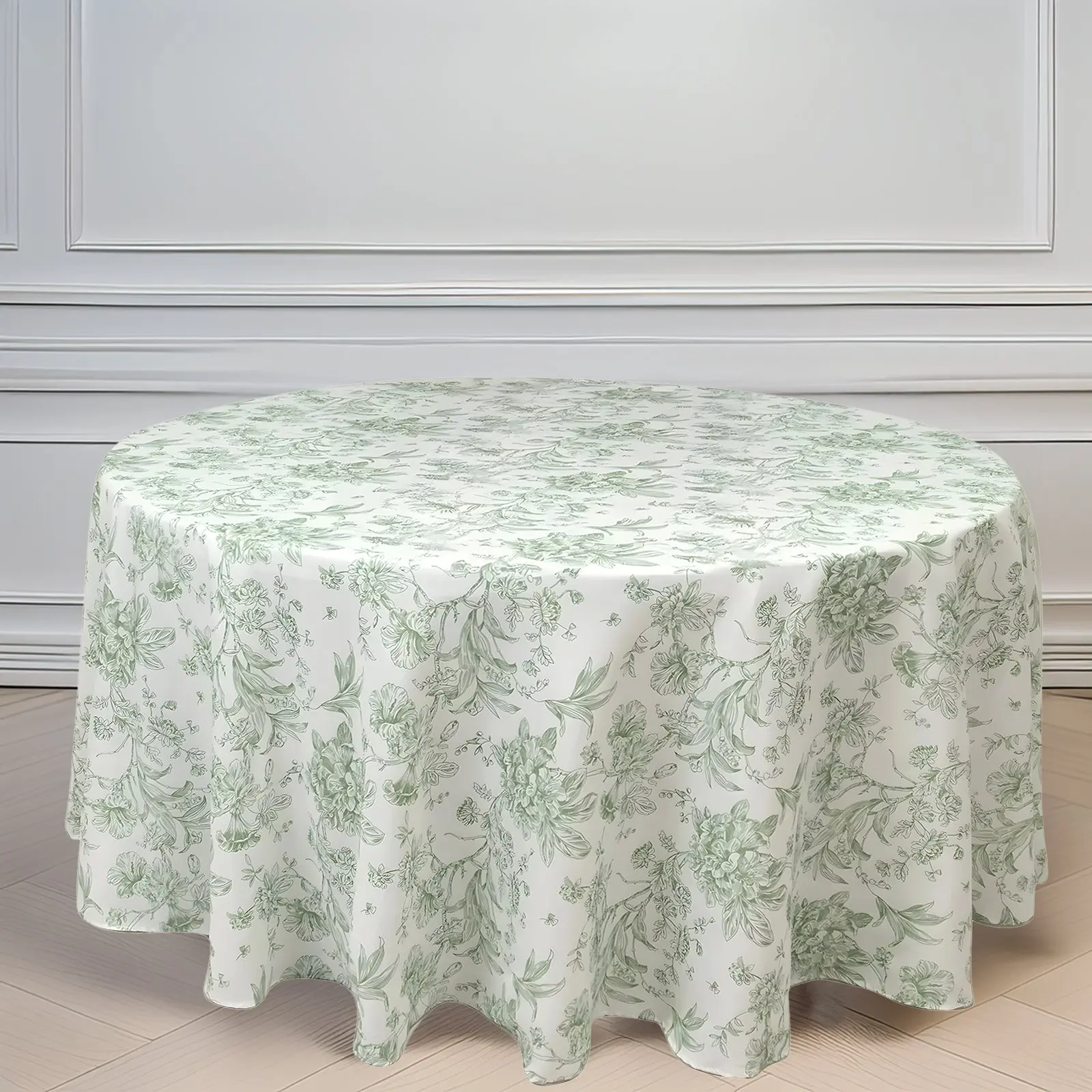 120in White Polyester Round Tablecloth with Dusty Sage Green French Toile All Over Print - Machine Washable Outdoor Patio Furniture Cover for Chic Weddings, Indoor-Outdoor Tables, All Over Print Tablecloths