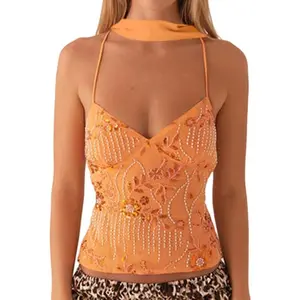 Women’s Y2K sequined cami crop top with a neck scarf, backless design adorned with pearl-trimmed beads, sleeveless, casual fit, beige floral-embroidered vest