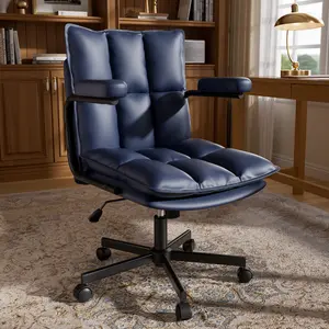 Homezeer Blue Office Chair, Mid Century Modern Desk Chair with Arms, Thickend Back and Seat, Adjustable Height, Wheels, Vintage Leather Computer Chair for Home, Office