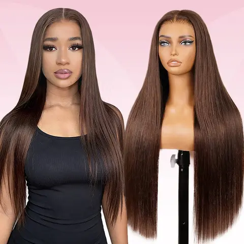 VSIGN Women's Straight Chocolate Brown #4 Synthetic Lace Front Wig, 13x6 HD Lace Front, Pre-Plucked Hairline, Glueless, 100% Human Hair Top, Heat-Resistant Fiber