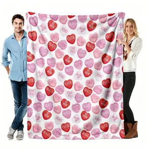 1pc Cute Conversation Heart Flannel Blanket, Soft Breathable All Season Throw Blanket, Valentine's Day Love Heart Pattern, For Sofa Bed Couch Decoration, Valentine's Day Gift 50x60inch