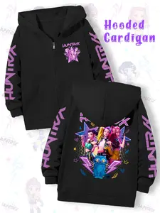 Girls' Kpop Demon Hunters Graphic Casual Hoodie Jacket, Cartoon Print, Zipper Design, Fall & Winter Fashion, Comfortable Kids Clothing