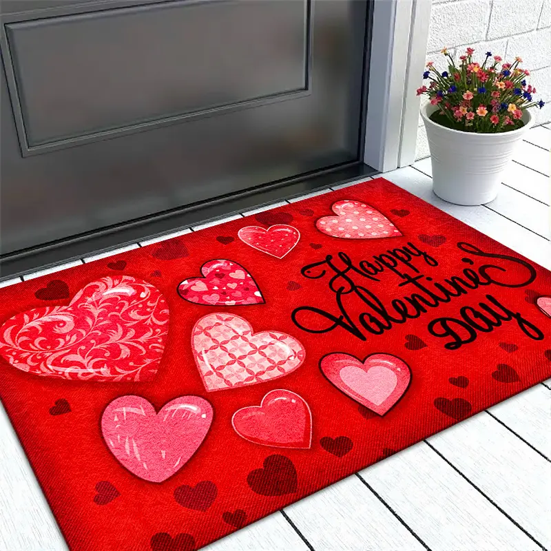 Valentine's Day Door Mat - Red Heart Design with "Happy Valentine's Day" Text, Polyester, Rectangular Indoor/Outdoor Mat for Kitchen, Entryway, and Home Decor, Valentines Decorations - Christmas Gifts