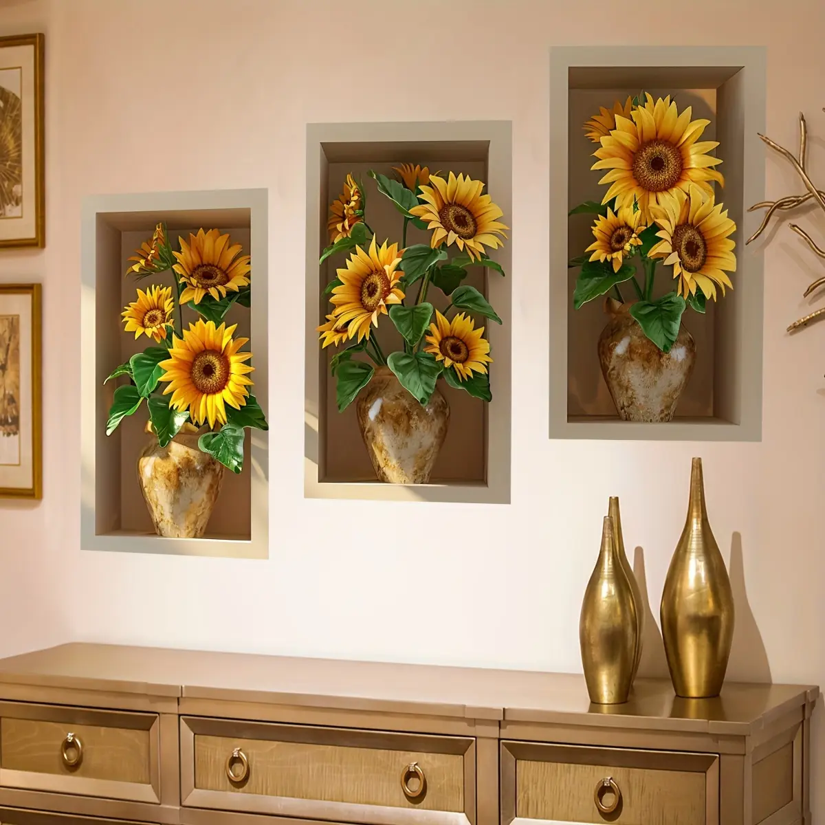 A set of 3 pieces (30*50cm*3pcs) Sunflower Flower Vase 3D Stereo Effect Floral Pattern Sticker Decoration Sticker Wall Sticker Triptych Decorative Home Decor Living Room Bedroom Entrance Wall Sticker ATW3055-YL Sunflower Stickers Flower Wall Decals