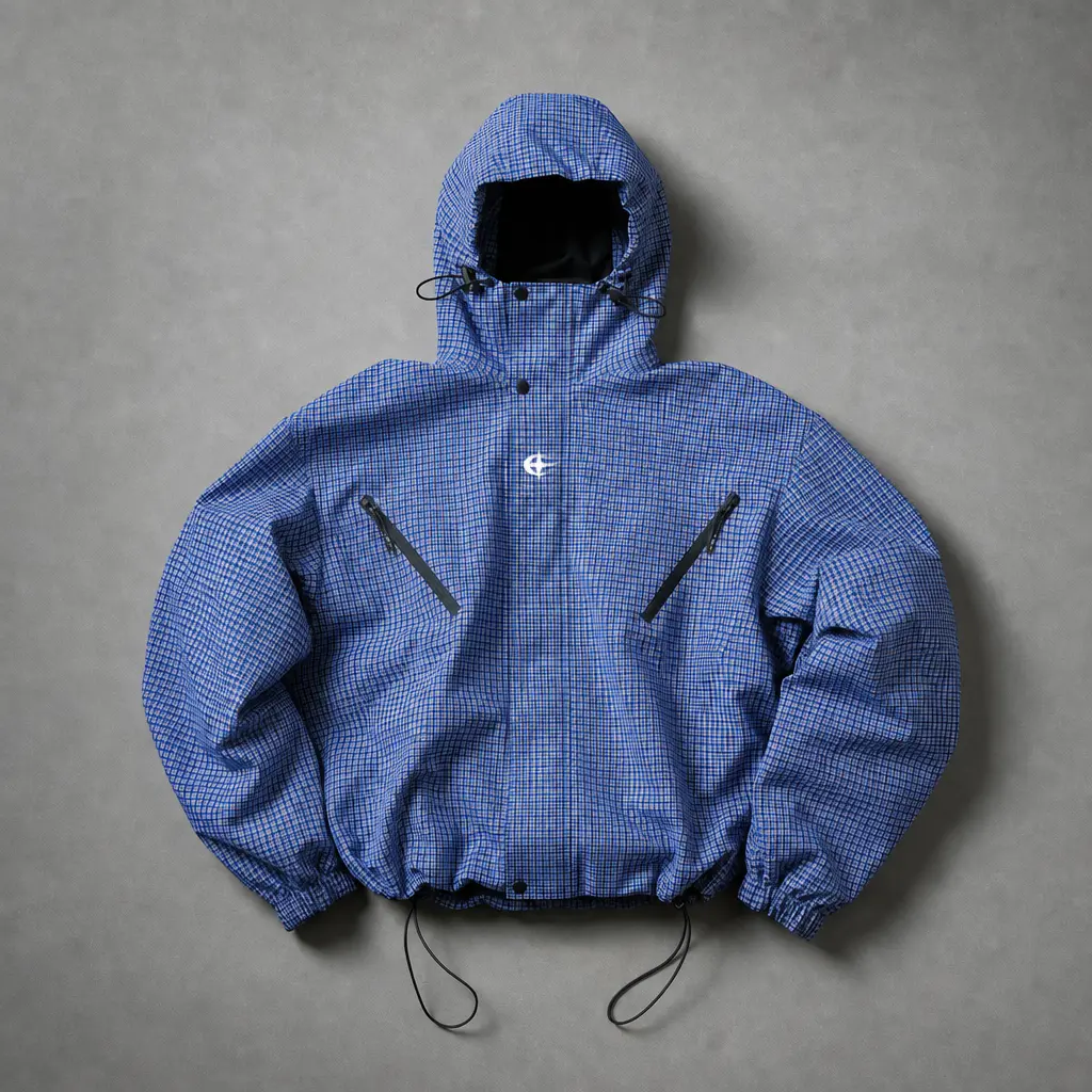 Men’s plaid short hooded hardshell jacket with drawstring hem, functional outerwear with multiple zippered pockets, outdoor windproof jacket