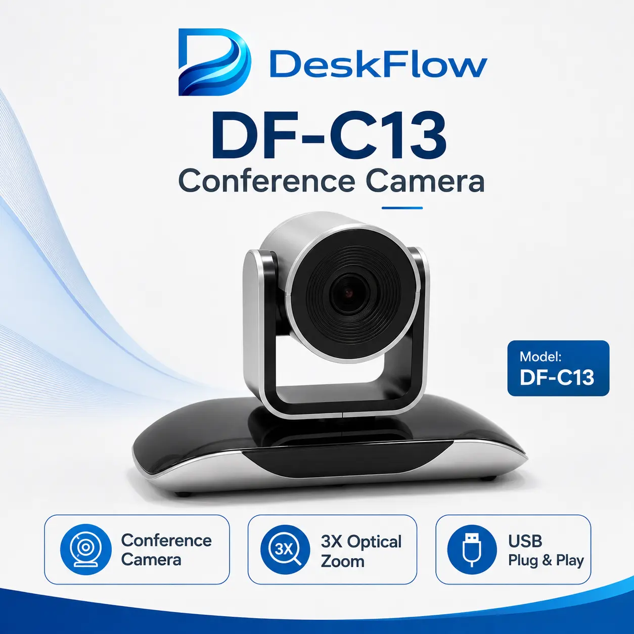 DeskFlow DF-C13 4K USB Conference Camera with 3X Optical Zoom, Plug & Play PTZ Video Camera for Zoom, Teams, Skype, Google Meet, Meeting Room, Online Teaching, Remote Work, OEM/ODM Available