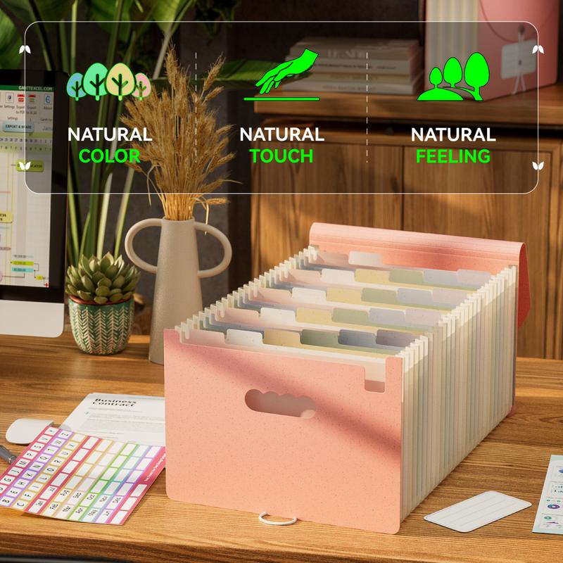 Accordion File Organizer, 26 Pockets Wheat Straw Expanding File Folder, Monthly Bill Receipt Organizer,A-Z Tabs,100% BPA Free,Return to Nature Healthy Living,Letter/A4 Size - Strawberry Pink