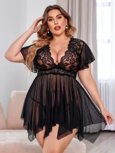 Women's Plus Size Doll Shirt Floral Lace Lingerie Deep V Evening Gown Mesh Pajamas Loungewear Give Thongs Batwing