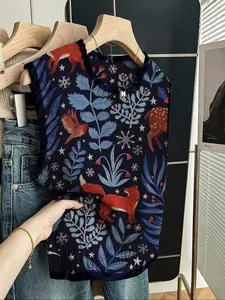 Women's Casual Loose-Fitting Round Neck Sleeveless Knit Top, Knitwear, Colorblock Edge Plant Fox Print, Animal, Fall for Women, Womenswear