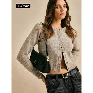 Women’s plain fitted cropped cardigan sweater, casual long-sleeve ribbed button-front cardigan for everyday wear, ladies’ knitwear for all seasons, tops, womenswear