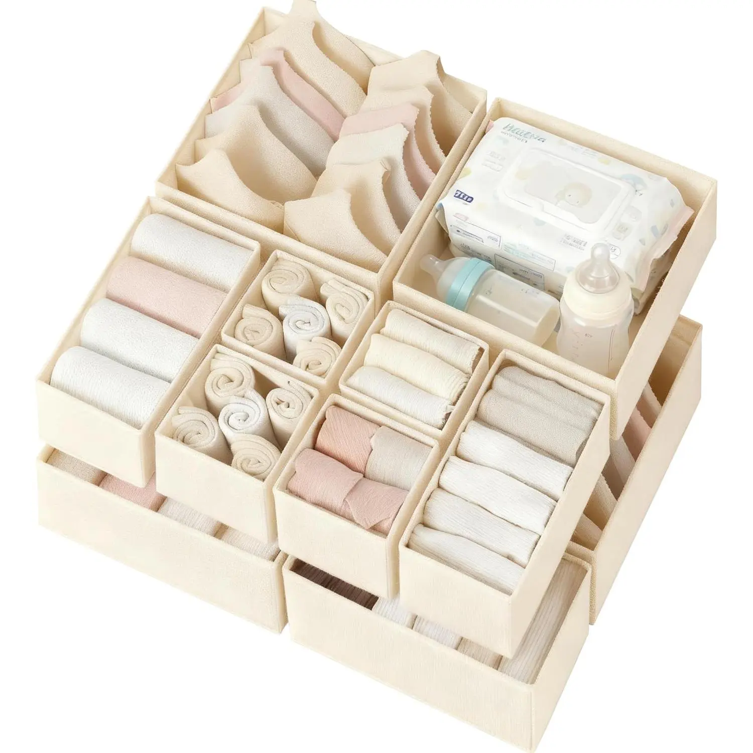 Drawer Organizer Clothes 12 Pack, Dresser Organizer for Nursery Bedroom Closet Organization and Storage - Baby Clothes Organizer Bins - Drawer Divider for Sock Underwear Bra Ties (Beige)