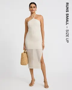 Express Open Stitch Knit Crochet Halter Neck Midi Sheath Dress