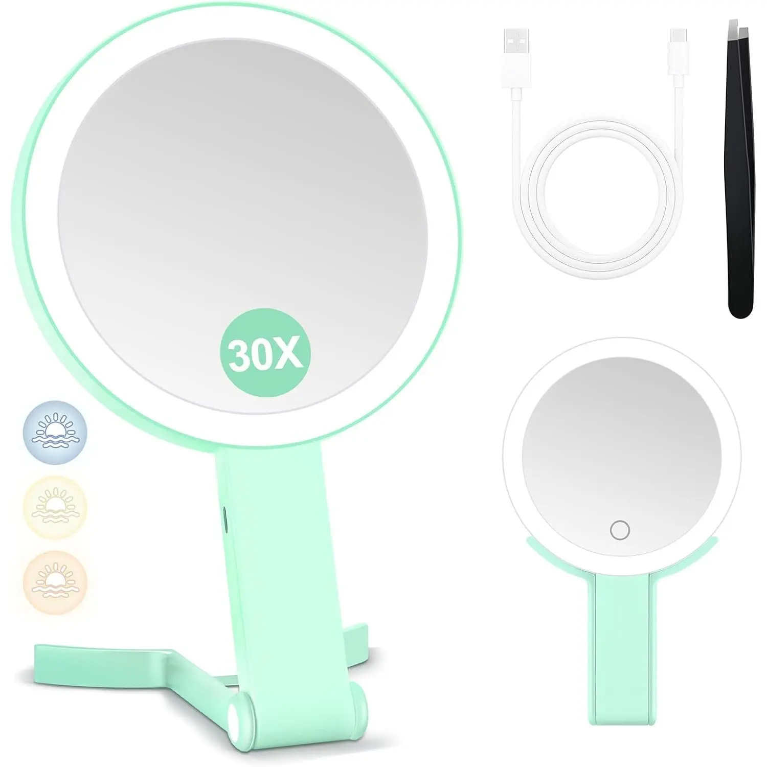 Magnifying Mirror with Light, Double Sided 30X/1X Lighted Travel Makeup Mirror with Magnification, 3 Color Lighting, Dimmable  Screen, Adjustable & Foldable Hand Mirror (Green)