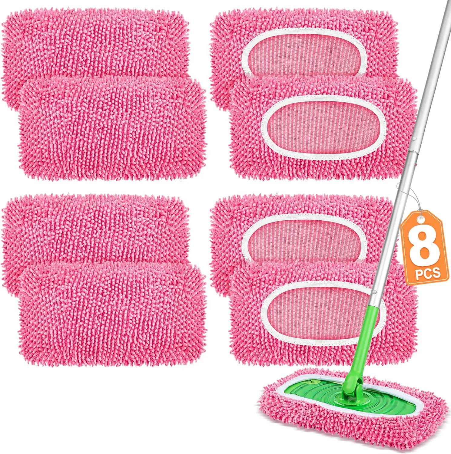 8 Pack Reusable Mop Pads Compatible with Swiffer Sweeper, Chenille Mop Refill Pads, Dry & Wet Mopping Cloths for Floor Cleaning -Pink
