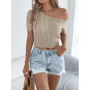 Women's flat cornered hollow asymmetrical collar knitted pullover sweater, casual slim fit short sleeved crop top sweater, fashionable women's knitted daily wear, topRAIMENTRY
