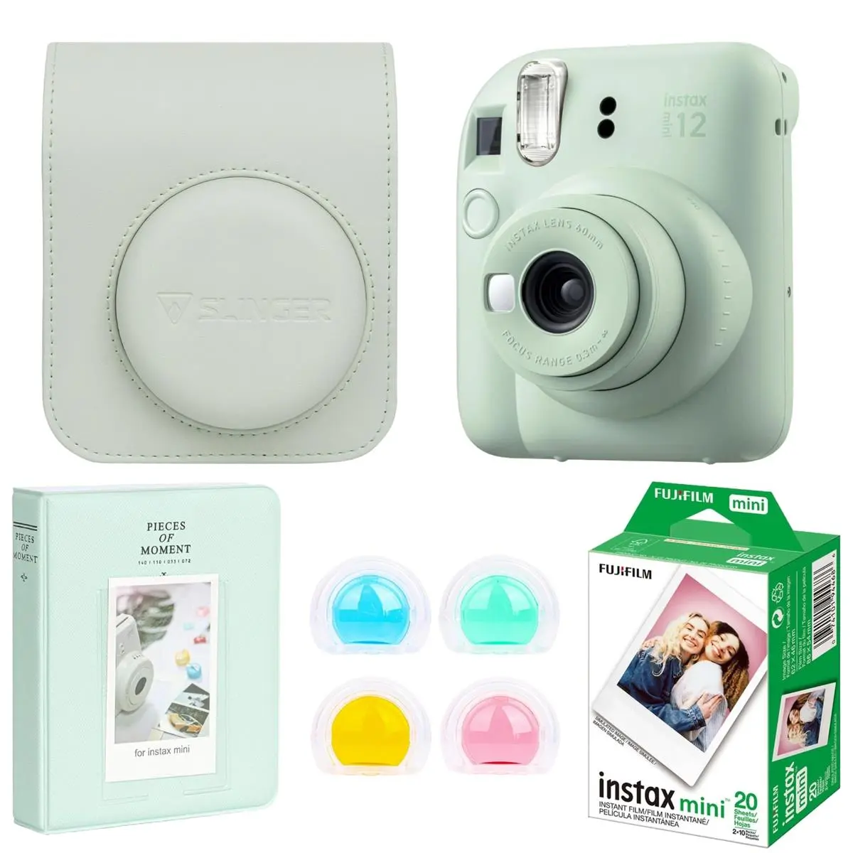 Fujifilm Instax Mini 12 Instant Film Camera, Mint Green Bundle with Instax Mini Custom Case, Accessory Kit and Daylight Film, Twin Pack (20 Exposures) ISO 800