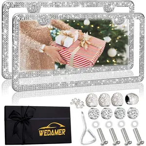 2 Pack Bling License Plate Frames for Women, Sparkly Rhinestone Diamond Glitter Bedazzled Girly License Plate Frame Holder Cover Bling Tire Valve Caps