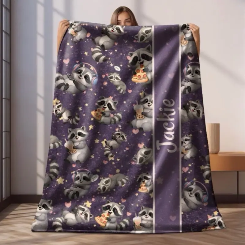 Personalized Raccoon Blanket, Cute Teen Throw, Custom Raccoon Blanket, Cozy Fleece or Sherpa, Name Blanket, Kid Blanket, Tween Girl Gift