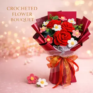 Handmade Knitted Rose Bouquet, Crochet Flowers Bouquet, Artificial Roses, Mother's Day Valentine's Day Gift, Fake Flower Arrangement, Anniversary Present with Packaging