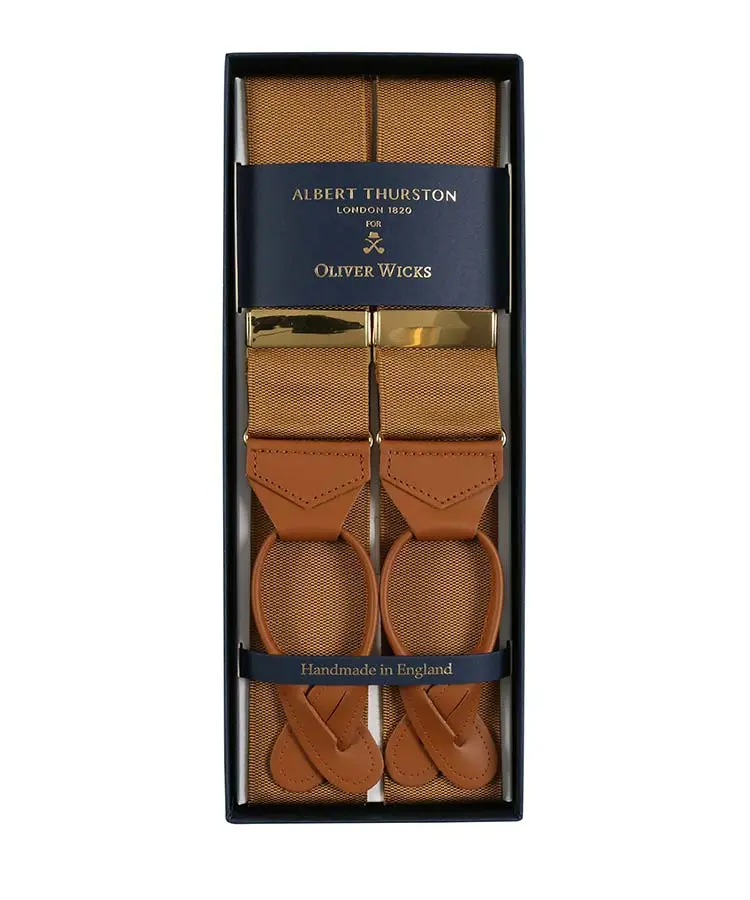 Albert Thurston Men’s Suspenders - Almond Beige, Hand-Made in England, Nickel-Coated Brass Buckles, Fine Leather Finish, 44mm Wide, Adjustable Fit