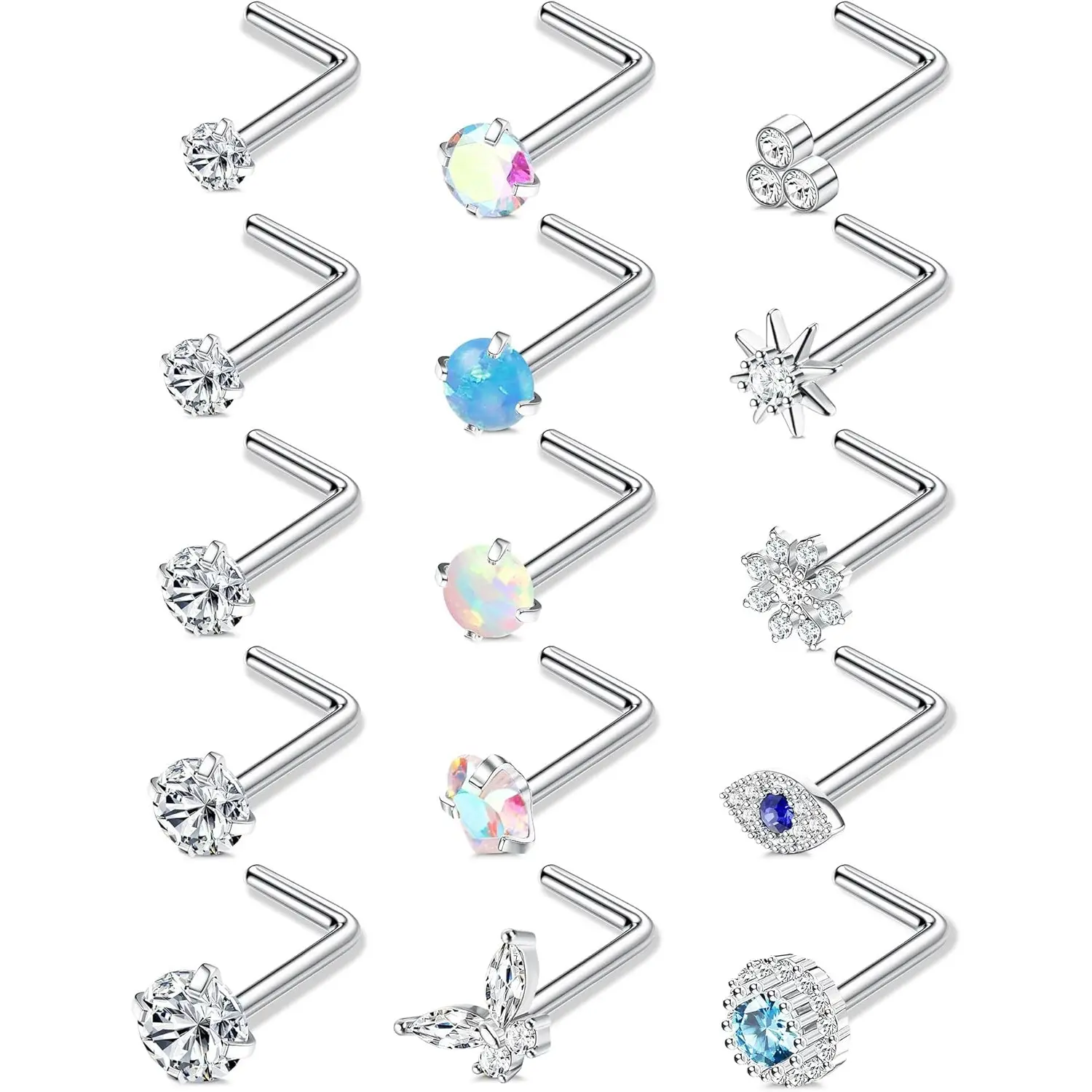 Silver-15Pcs L-Shaped Nose Stud