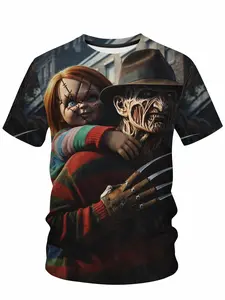 Horror Movie Themed Graphic T-Shirt for Couples, Menswear Short Sleeve Fitted Casual Summer Top, Trendy Long Length Design for All Seasons