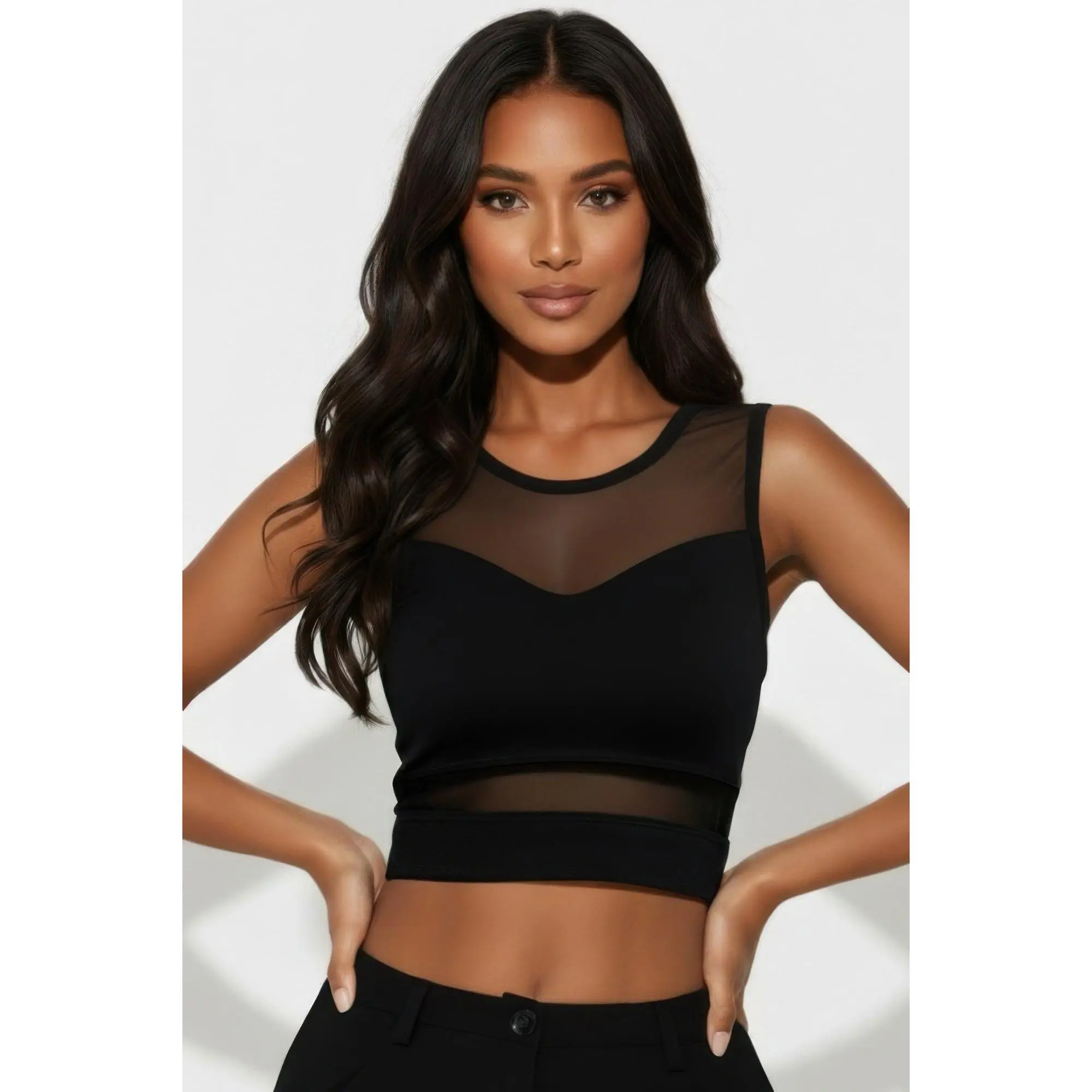 Sheer Mesh Panel Crop Tank Top