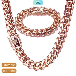 14mm Gold-Plated Stainless Steel Miami Cuban Link Necklace - Men's Hip-Hop Golden Tone Chain Jewelry, Daily Fashion Accessory, 16-30in Lengths Available, Chain Jewelry Necklaces