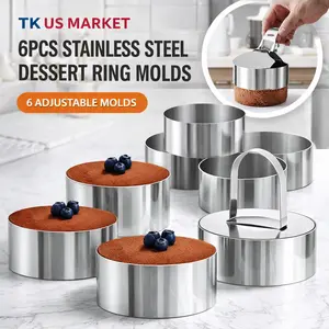 6 Pcs Stainless Steel Round Cake Molds Set – Includes 4 x 3” Muffin Rings, 1 Pusher & 1 Demolding Spatula – Perfect for Pancakes, Mousse, Salads, Egg Rings
